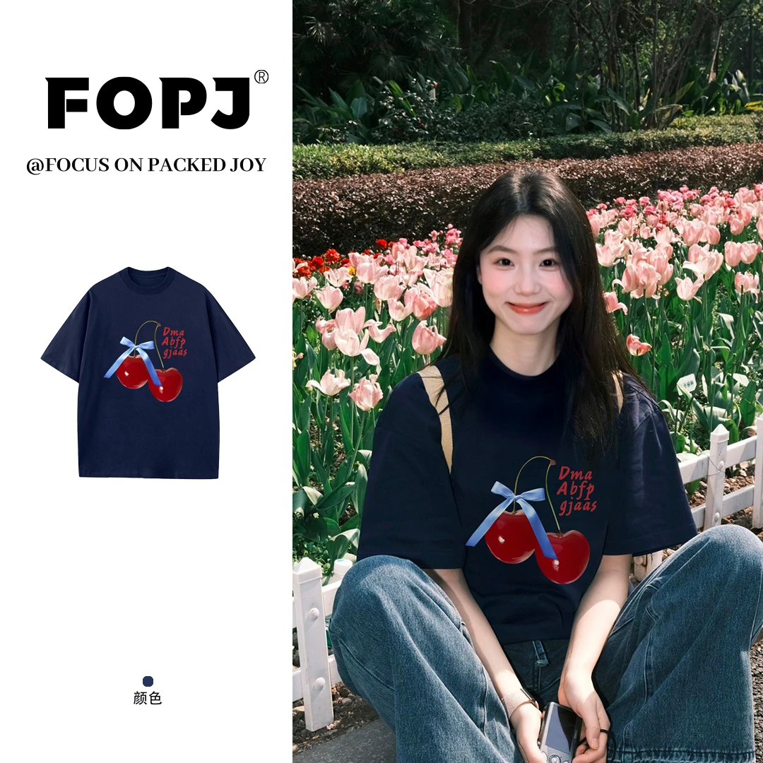 FOPJ韩版短袖t恤蝴蝶结樱花印花纯棉宽松慵懒风圆领百搭潮牌上衣