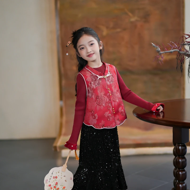 D253158女童拜年服马甲汉服2026新款冬装儿童新中式背心新年战袍