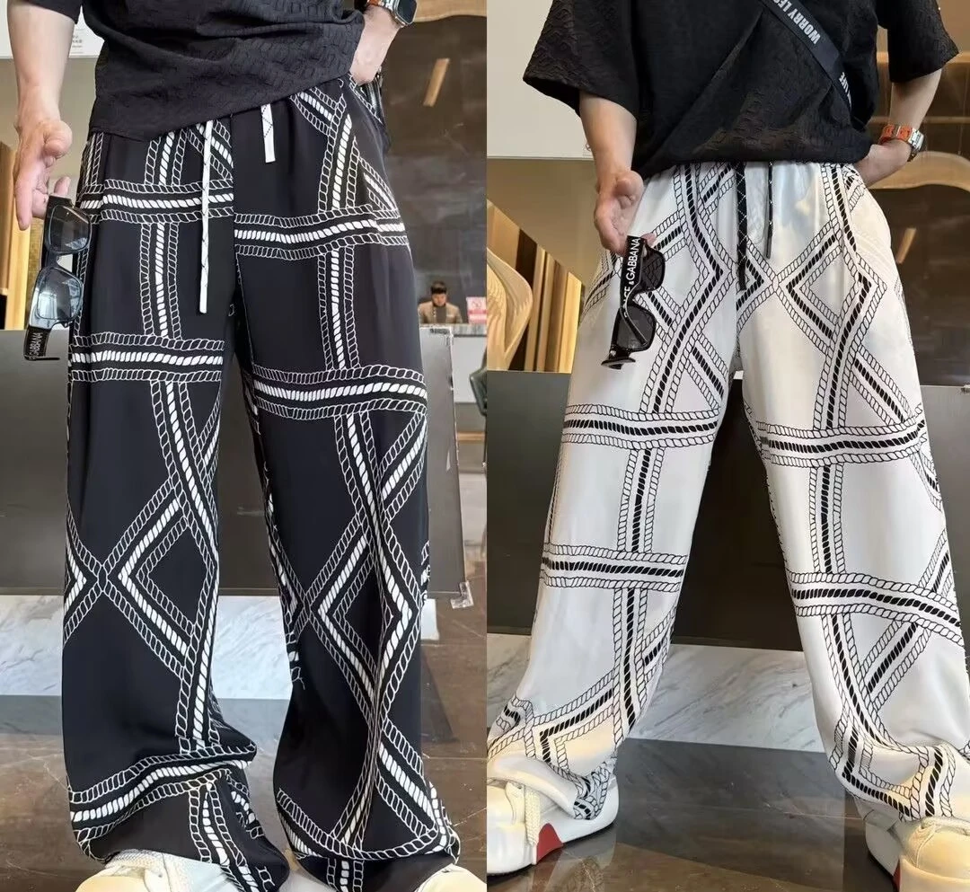 夏季清凉透气轻薄百搭男几何花纹宽松休闲百搭潮流阔腿裤弯刀长裤