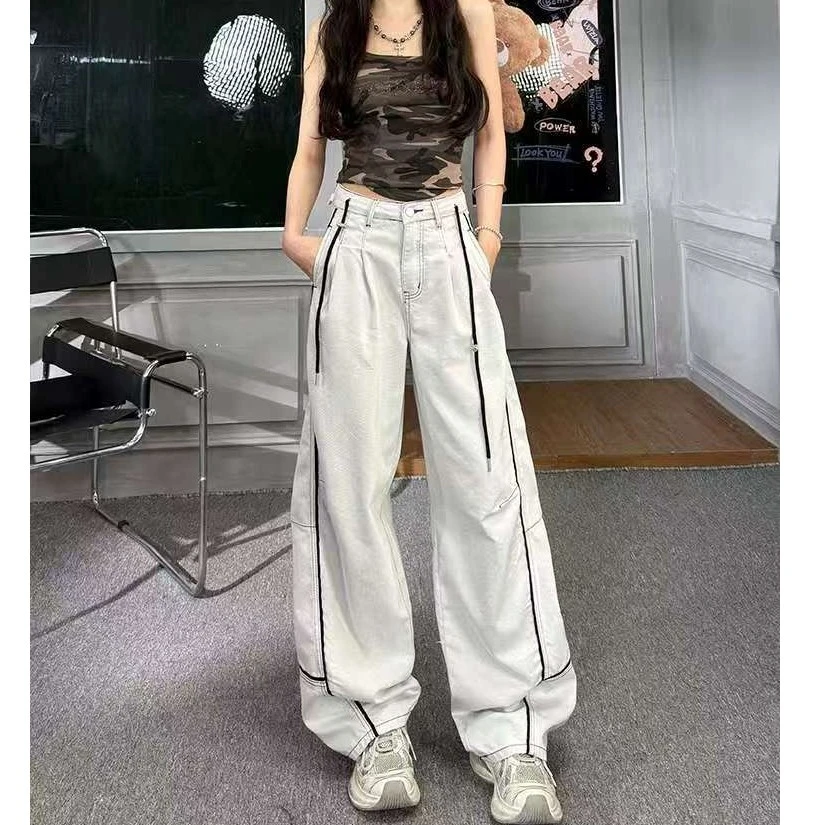 2025港风复古浅色拼接撞色白色牛仔裤男女夏季高街宽松阔腿直筒裤