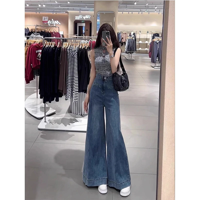 复古蓝色高腰喇叭阔腿牛仔裤女秋季窄版直筒裤宽松显瘦拖地裤