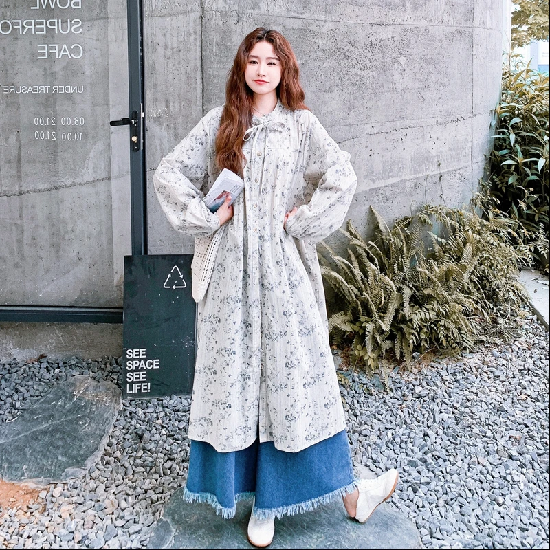 花色法式森系田园风连衣裙套装女2025年秋季新款牛仔阔腿裤两件套