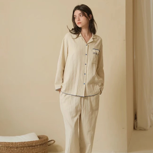 朵朵可可睡衣女春夏纯棉双层棉纱宝宝棉开衫长袖裤家居服CZ158