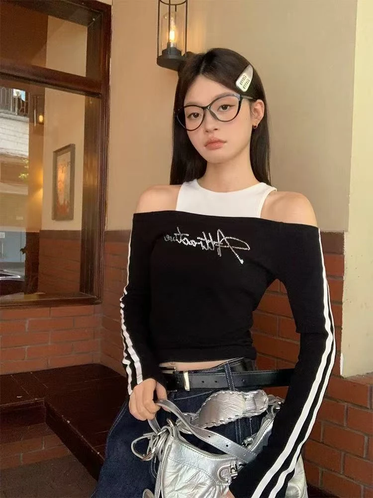 歌幂初春长袖烫钻设计感拼接T恤女ze6639