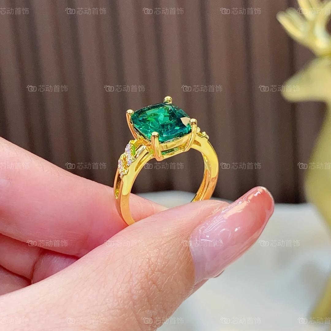 新品戒指【金星】9×11mm人工宝祖绿色镶嵌轻奢气质简约精致k108