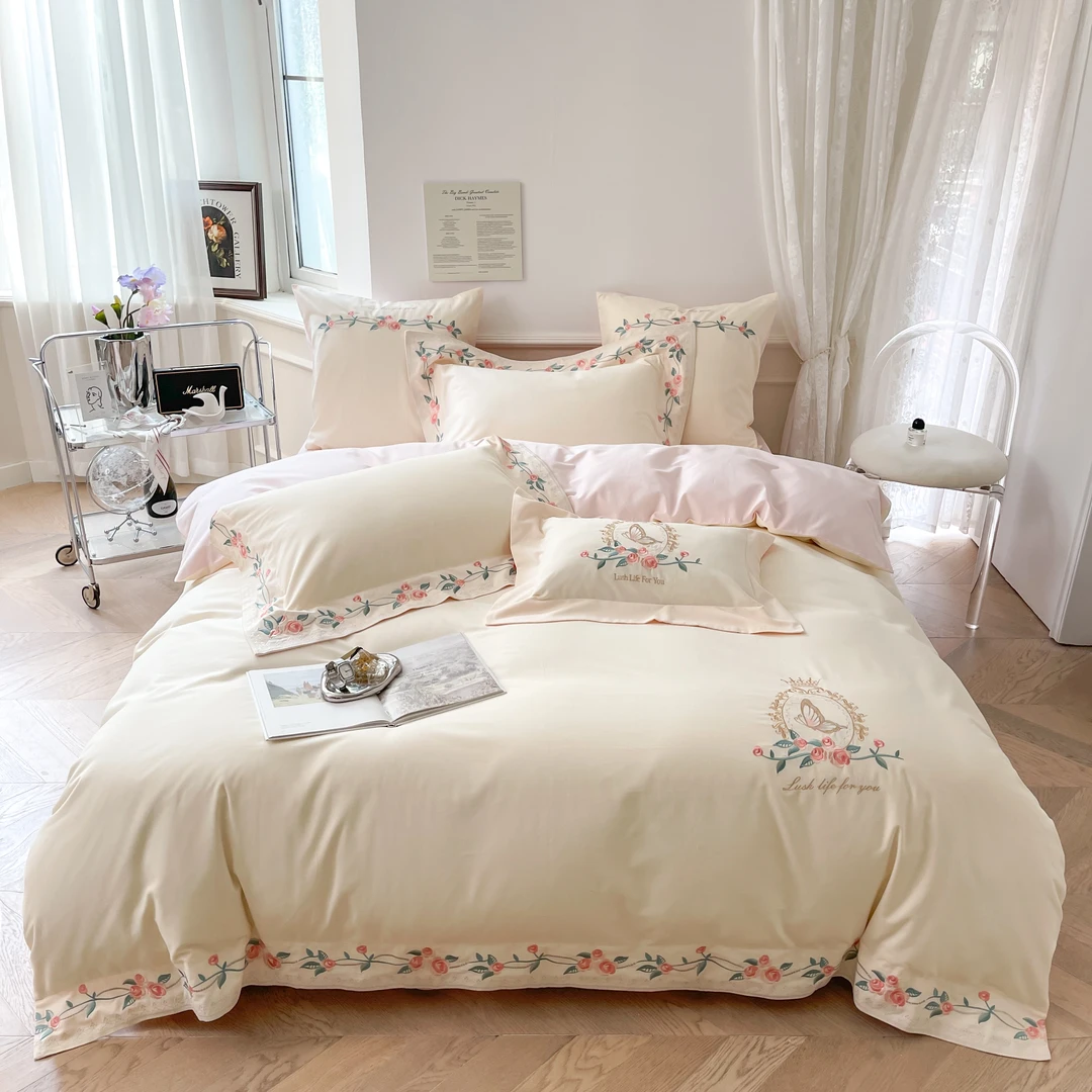 美玲 花屿集高端全棉长绒棉磨毛120支CR工艺刺绣工艺款四件套绣花