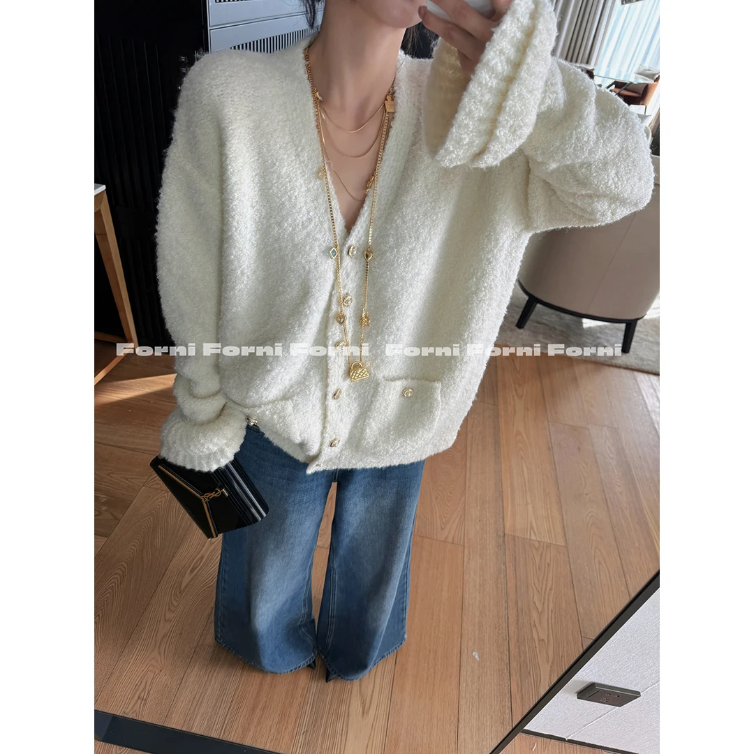 FORNI 半岛情书 荷叶边袖针织开衫法式优雅宽松上衣