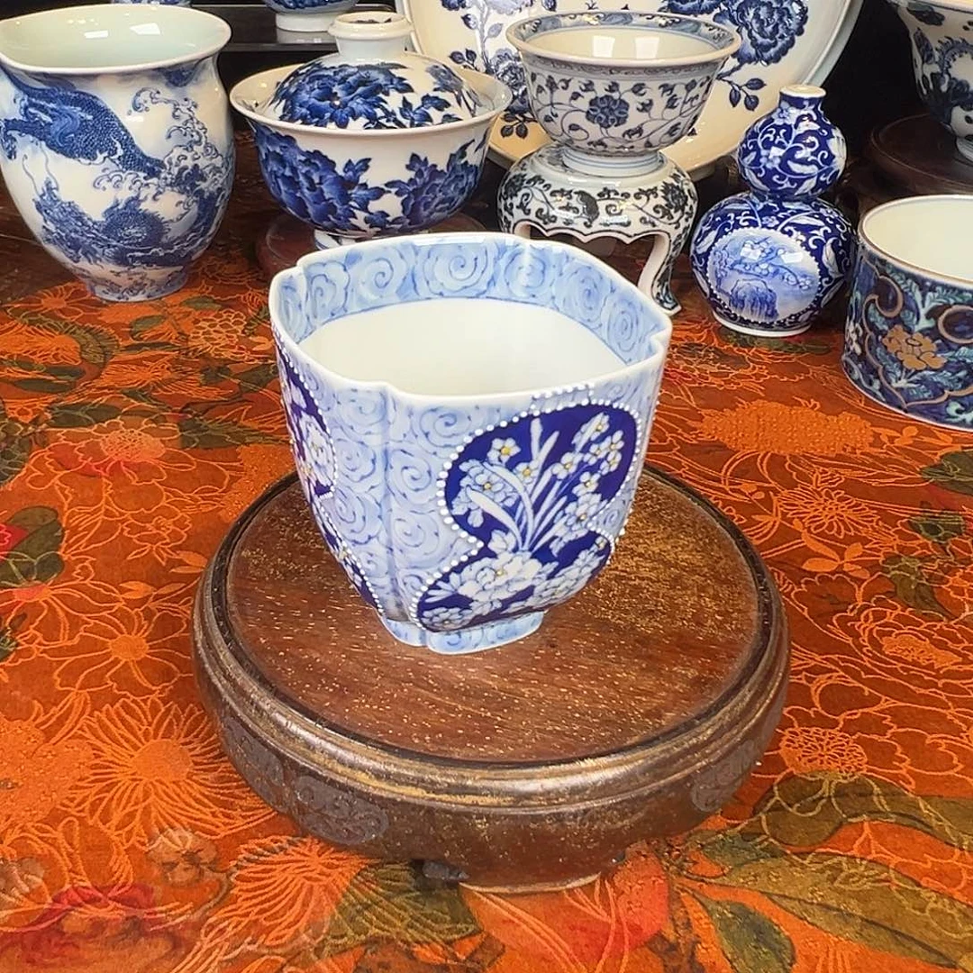 瓷杯子青樵轩葫芦开窗花卉四方杯