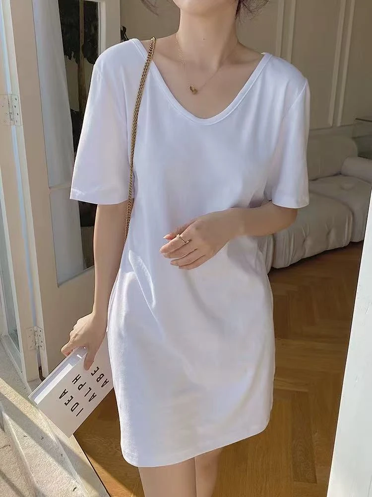 7293 GZNV领T恤裙连衣裙女短袖新宽松纯棉中长款领休闲裙子夏季