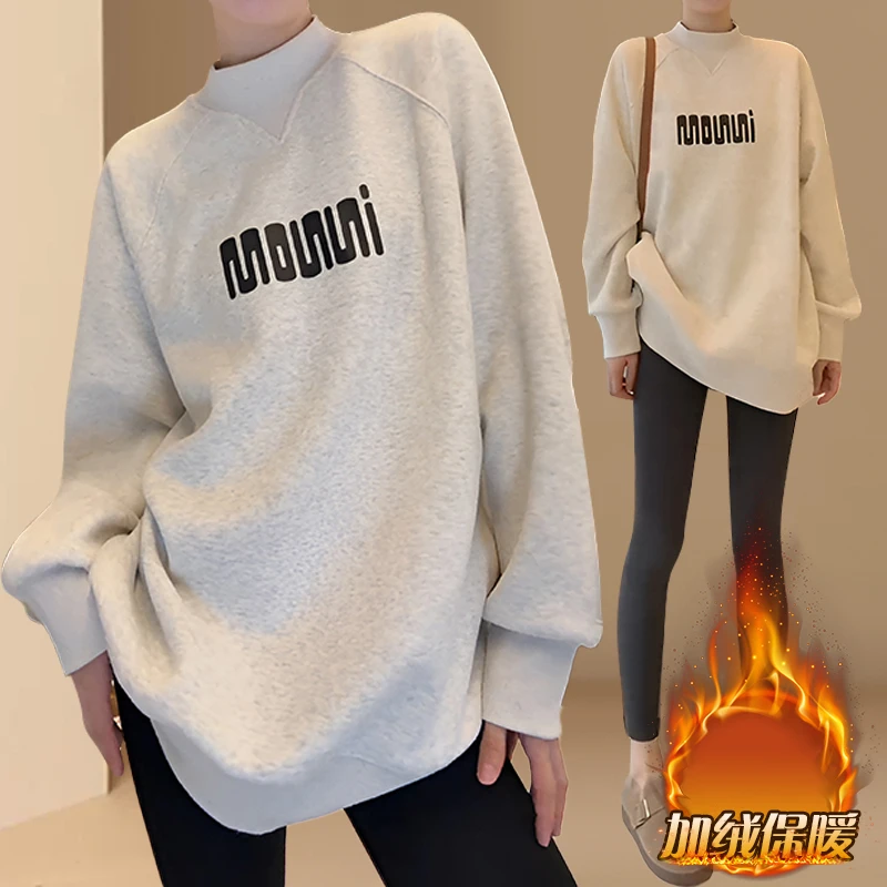 秋冬加绒加厚圆领长袖卫衣女款2025新款爆款冬季休闲百搭宽松上衣