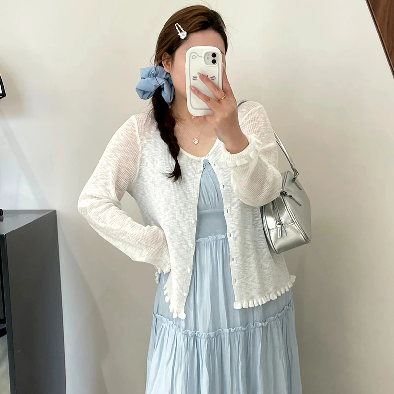 【涵胖胖】大码女装外套女木耳边上衣2025夏款胖mm针织开衫23010【B】