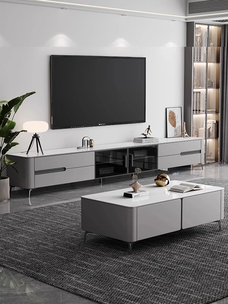 9MM岩板实木茶几电视柜组合简约现代客厅家用2025新款落地储物柜