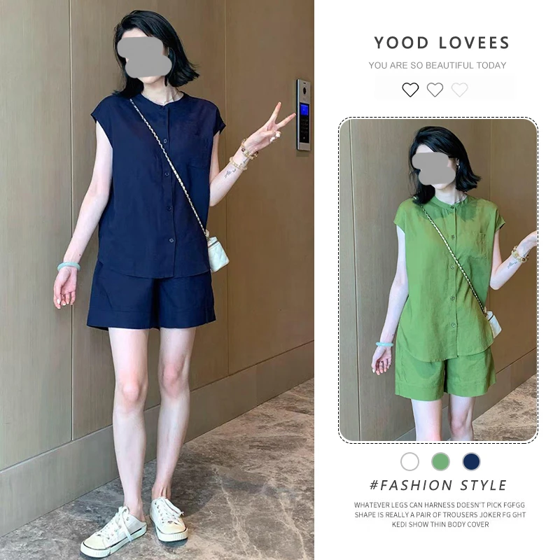 巨好看的夏装一整套时尚气质显瘦休闲无袖衬衫高腰短裤两件套装女