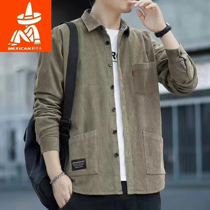 稻草人男士纯棉衬衫休闲宽松春秋新款100%全棉高档衬衣外套潮牌