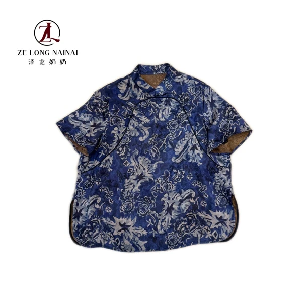 2571-1青花瓷中式人丝香云纱夏季蓝色短袖