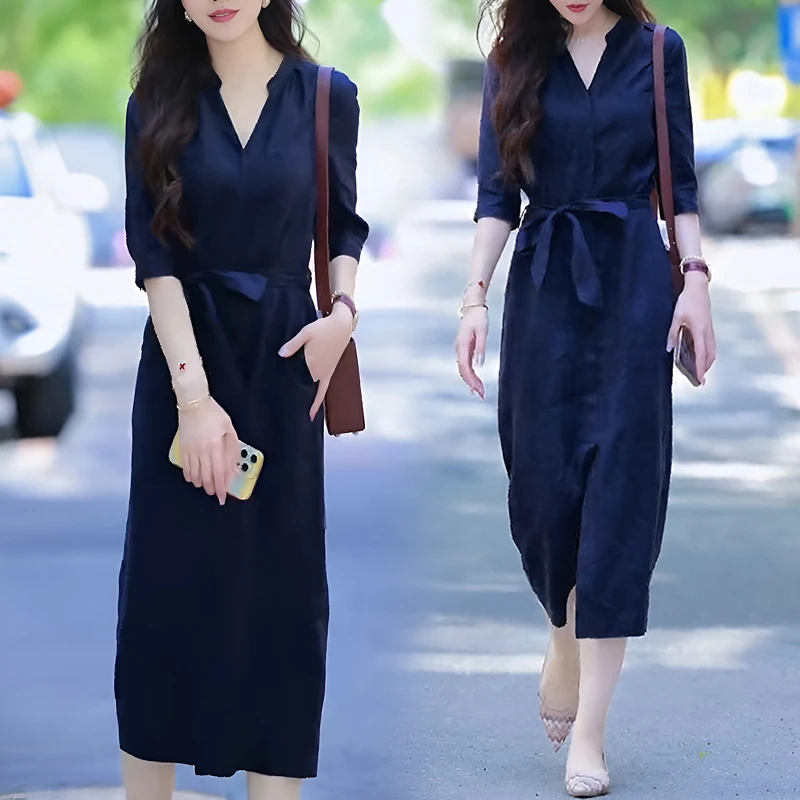高级感宽松气质大码凉快长裙女2025年夏季V领系带显瘦纯色连衣裙