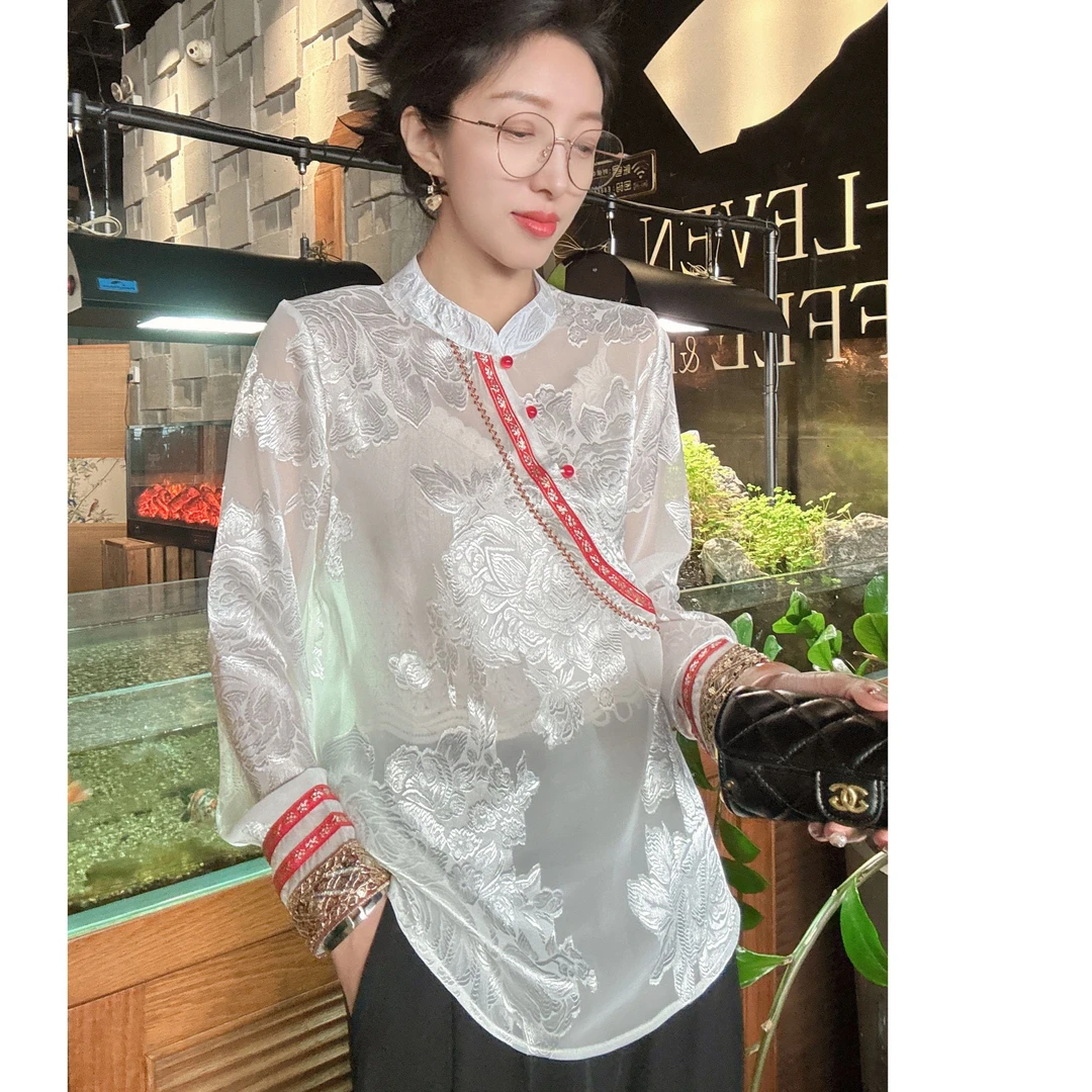 新中式刺绣通勤春季国风衬衫时尚气质印花复古蕾丝提花长袖网红