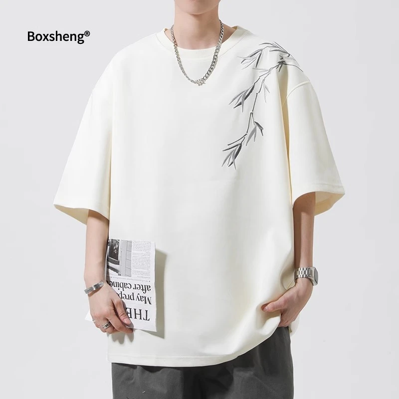 新中式短袖男设计感小众T恤男生打底衫国潮风夏季中国风竹子刺绣