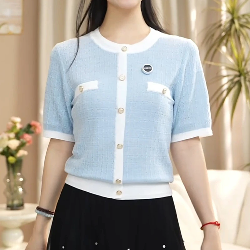 艾蓓怡女装直播间同款2025新款夏季小香风闪银短袖针织开衫上衣