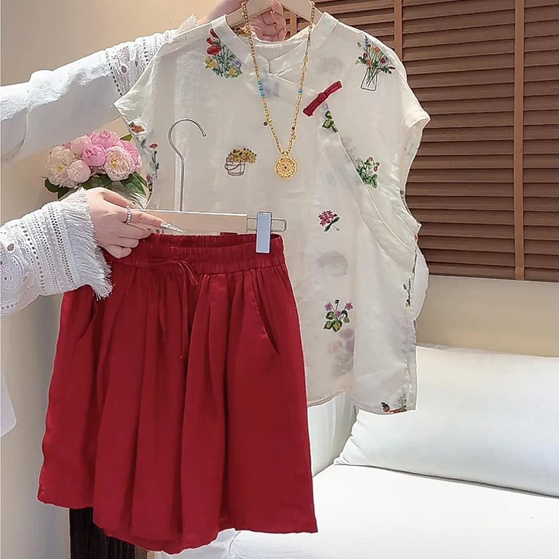 【野百草】新中式彩线刺绣衬衫短裤两件套2025夏新款洋气衣服女套装