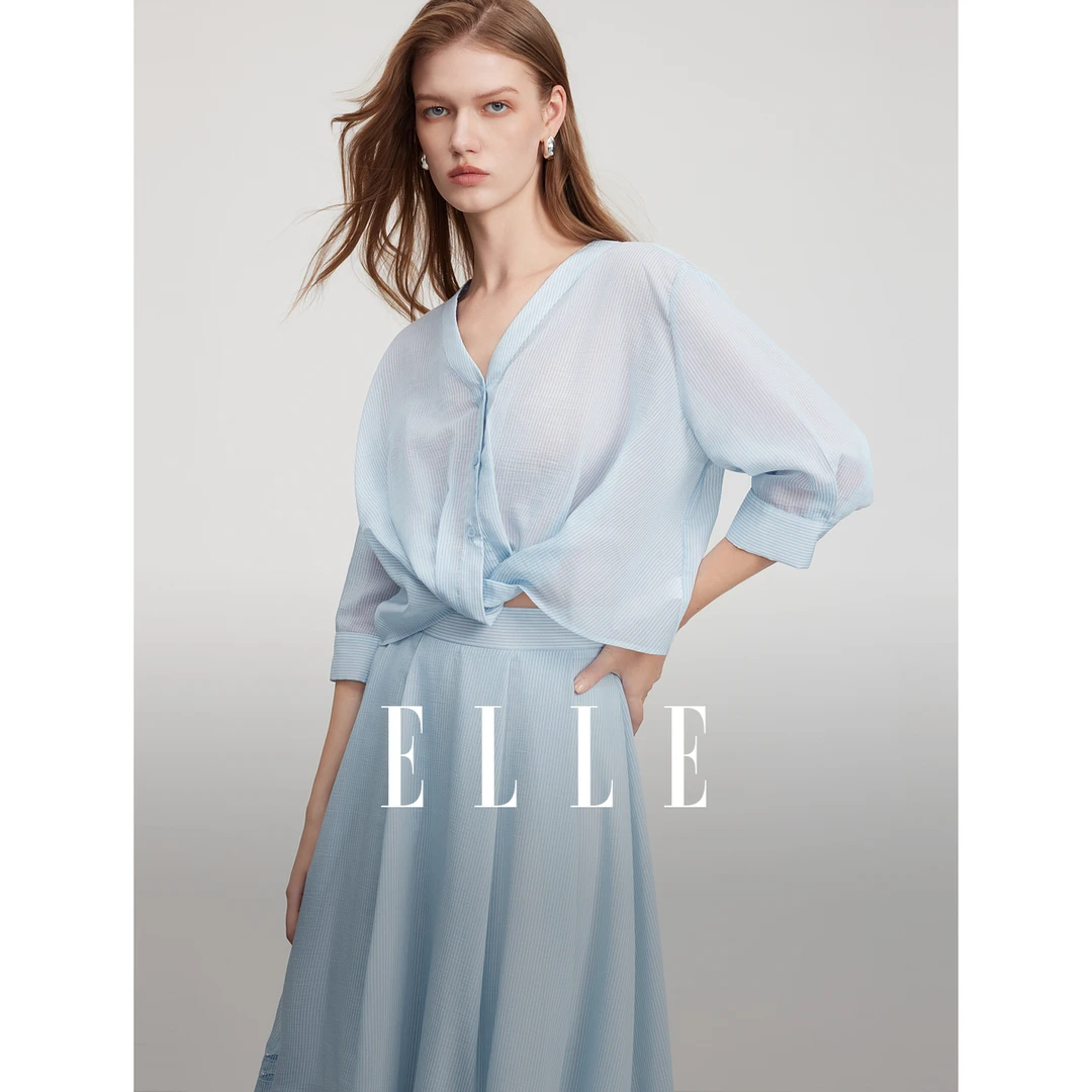 ELLE蓝色条纹V领宽松衬衫女2025夏季新款通勤衬衣白领小衫EM51499