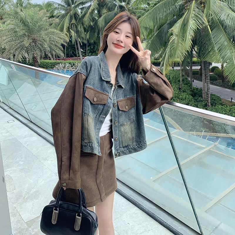 鹿皮绒撞色拼接小个子短款牛仔外套女2025春新款韩系百搭减龄夹克