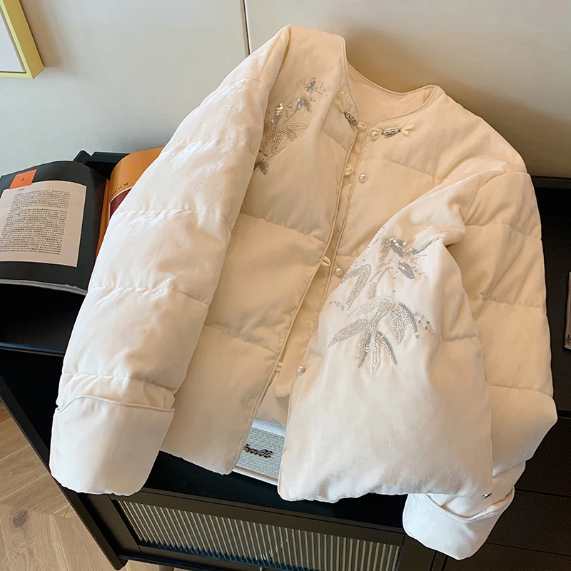 冬季新中式国风加棉加厚外套女时尚气质复古百搭圆领棉服女上衣