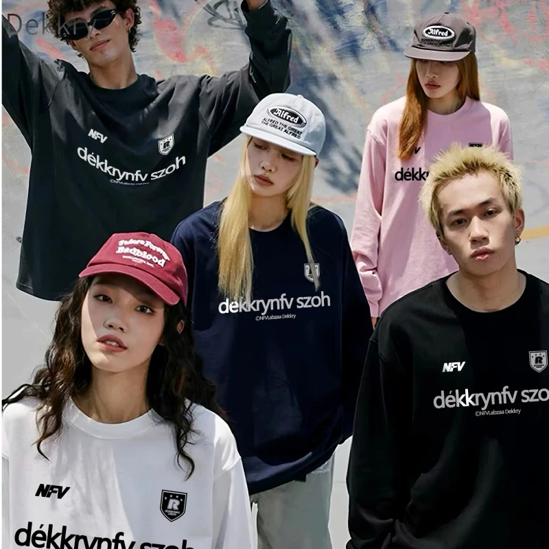 Dekkry潮流休闲复古上衣国潮日常毛衣常规款美式宽松圆领印花T恤