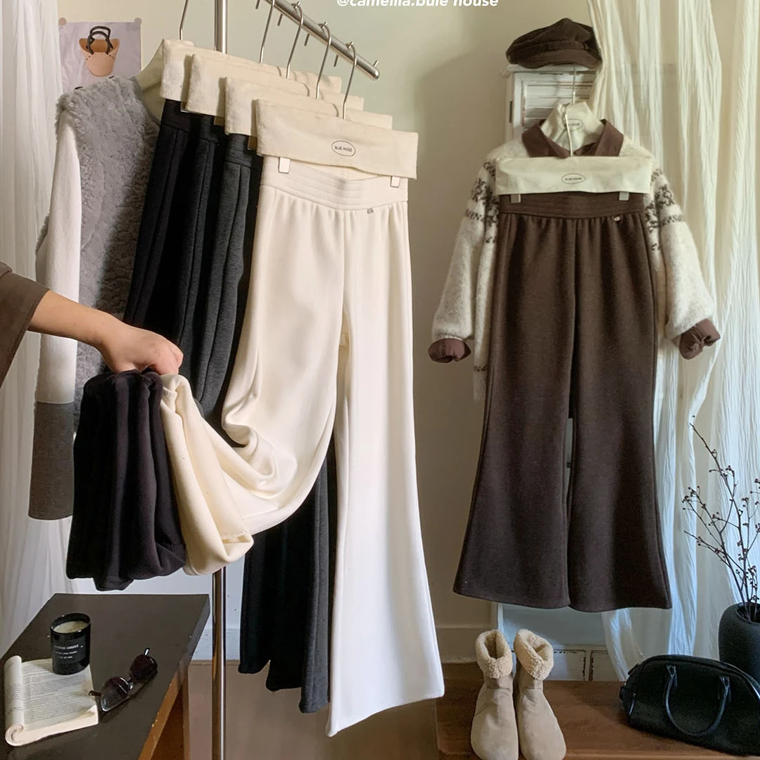 长腿秘笈~加绒加厚糯微喇叭裤女冬简约显瘦垂感拖地休闲裤