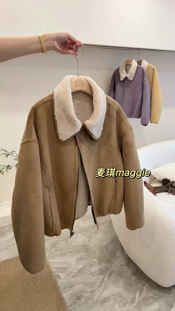 2025冬新麂皮绒外套韩系羊羔毛皮毛一体女短款两面穿
