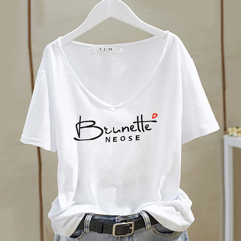 2025夏季新款竹节棉宽松t恤女短袖V领大码薄款印花打底衫纯棉上衣