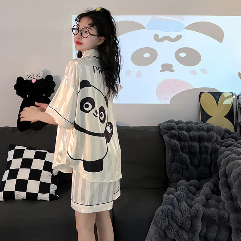 女士睡衣夏季冰丝短袖薄款丝夏天开衫卡通大码家居服套装