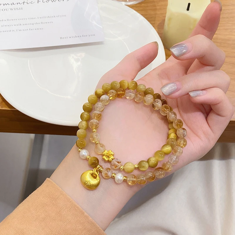 招财进宝新中式黄水晶金虎石手串轻奢小众多福胖元宝手链义乌饰品
