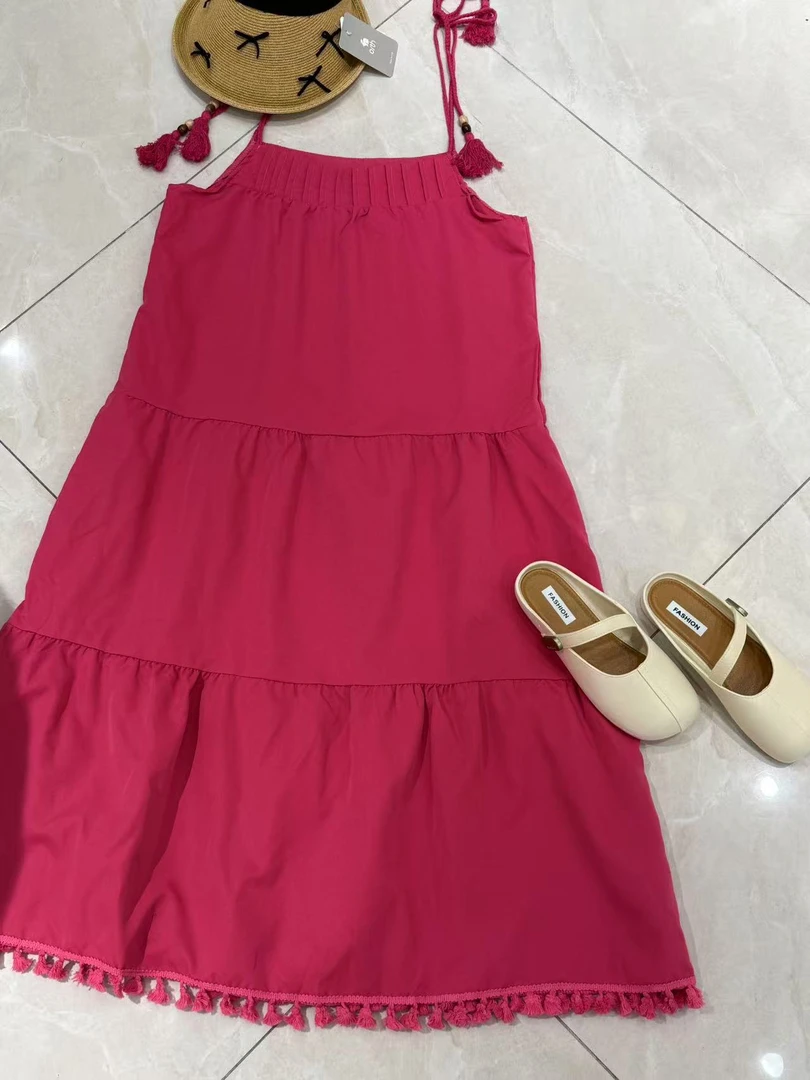 度假风串珠流苏绑带宽松A字吊带连衣裙气质女春夏新款长裙百搭