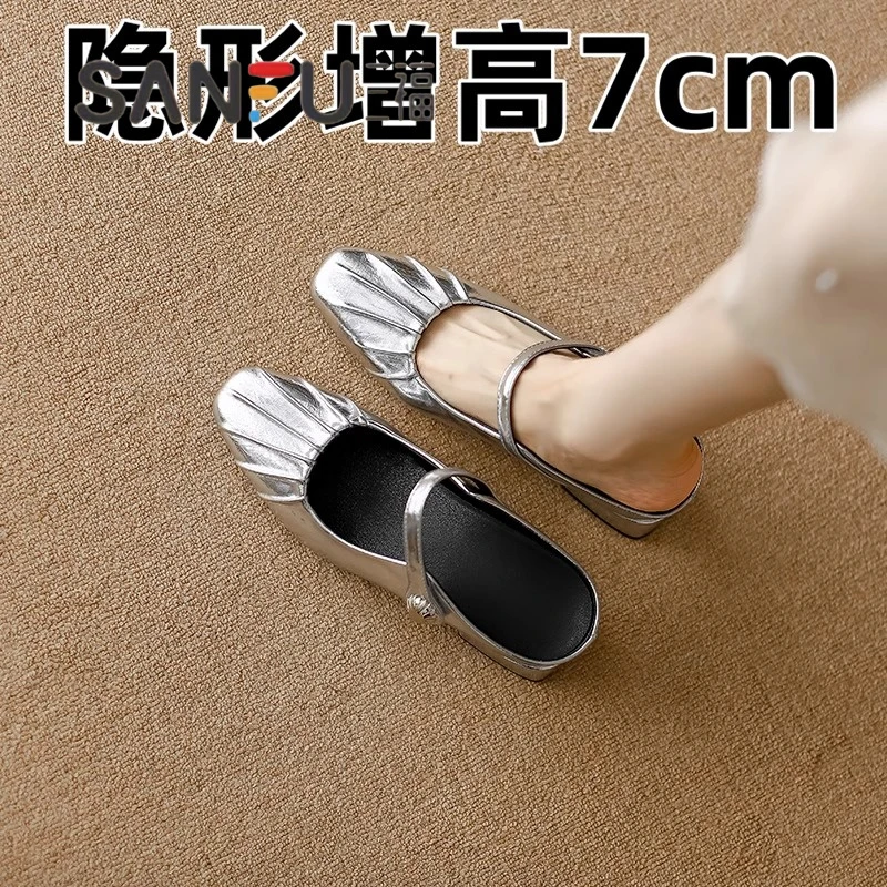 爆款内增高7cm银色包头半拖凉鞋女夏2025新款时装粗跟一脚蹬单鞋