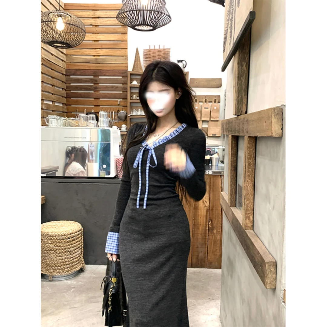 【现货专属】01019 v领连衣裙春装新款撞色拼接内搭高级长袖裙子