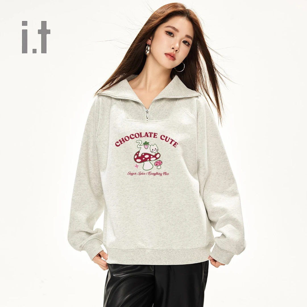 CHOCOOLATE大翻领设计印花卫衣春季款长袖上衣休闲百搭