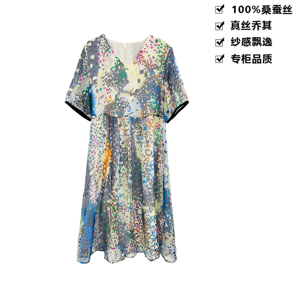 100桑蚕丝连衣裙真丝乔其多彩像素斑点桑蚕丝连衣裙LYQA69