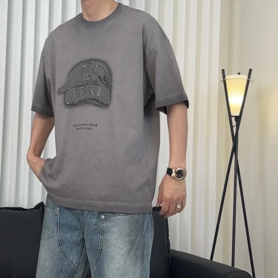 纯棉圆领短袖2025夏季新款时尚个性帽子铆钉字母印花男士休闲t恤