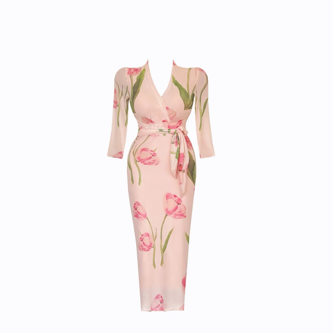 【黄大闪闪原创】(郁金香)气质性感玫瑰花修身显瘦连衣裙长袖SSQ63