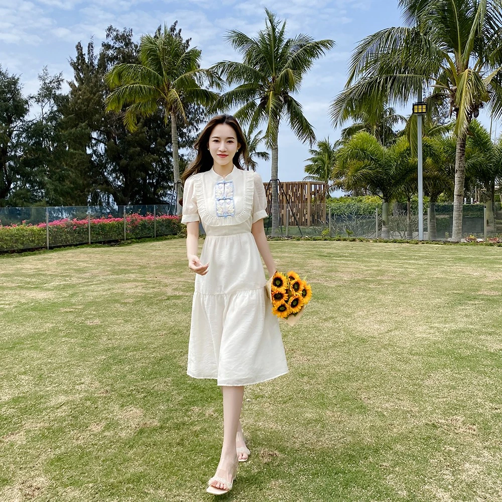 新中式改良旗袍连衣裙女夏高级感泡泡袖盘扣国风收腰显瘦长款裙子