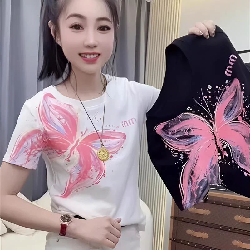 纯棉时尚潮流蝴蝶印花短袖T恤2025夏季新款修身显瘦圆领小众女装