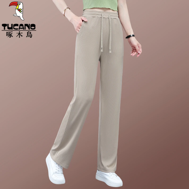 啄木鸟冰丝窄版运动裤女2025夏季新款高腰垂感显瘦百搭直筒休闲裤