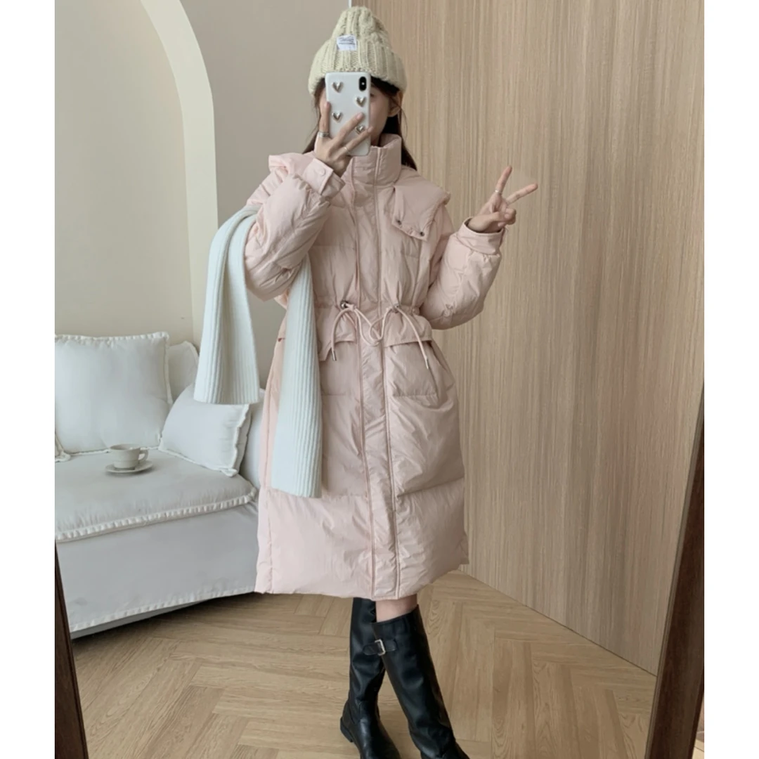 【现货清仓】新款羽绒服女中长款加厚连帽收腰显瘦白鸭绒外套3616