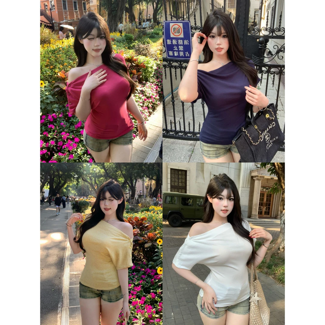 现货萌面侠辣姣【有氧T】纯欲辣妹斜肩上衣纽扣设计露肩T恤5275M