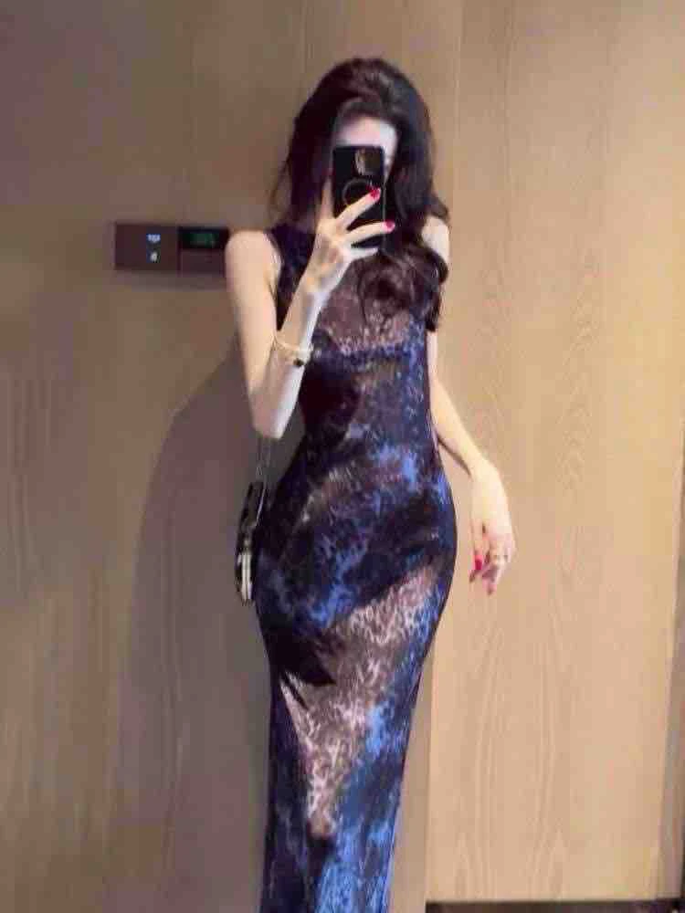 XXJ 夏季时尚洋气法式气质紫色豹纹无袖收腰连衣裙8251