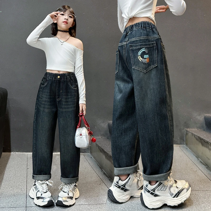 女童牛仔裤秋装2025新款韩版中大童宽松直筒老爹裤时尚春秋长裤潮