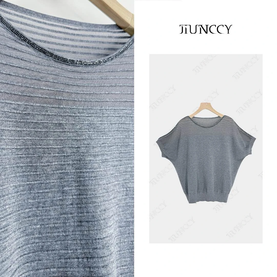 JIUNCCY【璀璨】天丝谷波立体横纹领袖镶钻拼镂空针织上衣 52YZZ059