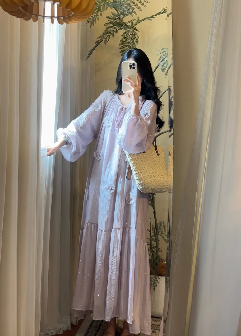 【ROUROU】白色恋人|茶歇温柔仙气重工刺绣立体花朵亮片显瘦连衣裙