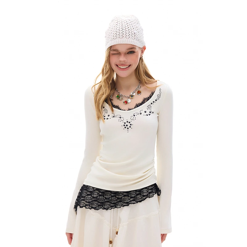 现货BZ25CLM629-1CD 美式复古波西米亚蕾丝装饰打底衫